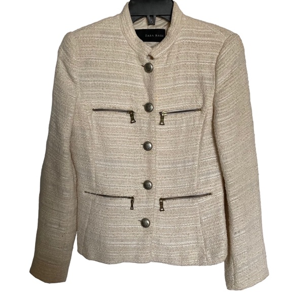 Zara Tweed Boucle Jacket, Size S, Cream, Chanel Vibe, Glitter, 4 Zipper Pockets - Picture 2 of 9